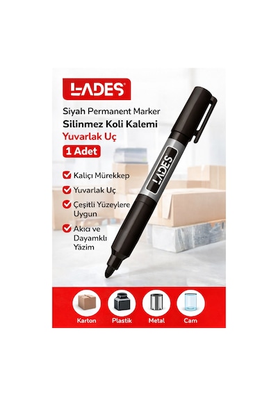Lades Siyah Permanent Marker Silinmez Koli Kalemi Yuvarlak Uç 1 Adet