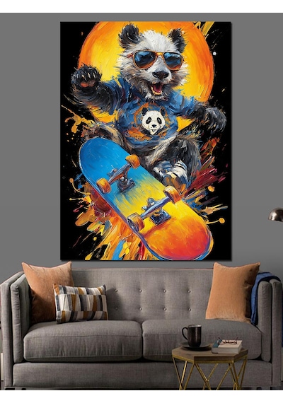 Ahşap Tablo Kaykay Yapan Havalı Panda