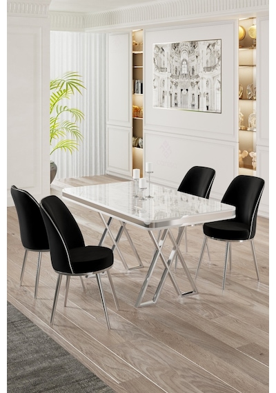 Canisa Vals Serisi 80x130 Lak Panel Beyaz Mermer Desen Masa Takımı Krom Ayaklı 4 Siyah Sandalye Beyaz Mermer Desen Masa Sandalyeler Siyah Canisa Vals Serisi 80x130 Lak Panel Beyaz Mermer Desen Masa Takımı Krom Ayaklı 4 Siyah Sandalye Beyaz Mermer Desen Masa Sandalyeler Siyah