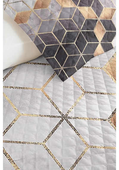 Gri Geometrik Modern Tek Kişilik Pike Takımı - Altın Çizgili Antrasit Beyaz 160x220 Cm Yatak Örtüsü Kırçıllı Yamaç Tonu
