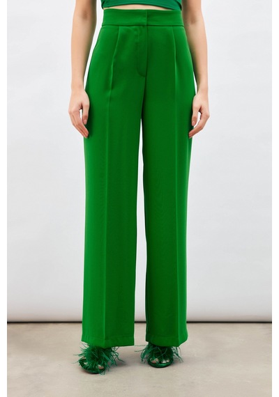 Sateen Pile Detaylı Salaş Pantolon - Yeşil