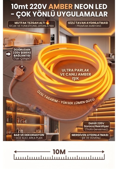 10 Metre Amber 220v Neon Led Şerit ,tak Çalıştır Set, Fişli Esnek Şerit Led, ,turuncu Led,mutfak,tezgah Ledi, Neon Led Şerit Işık ,ambiyans Işık Havuzu, Balkon, Teras Ve Ev İçin Dekoratif Led