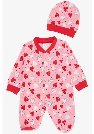 Breeze Kız Bebek Patikli Tulum Renkli Gülenyüz Desenli 0-3 Ay-6 Ay, Pembe-Pembe