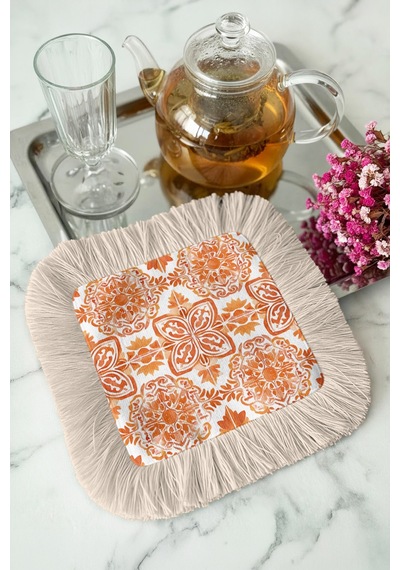 Barok Motifli Saçaklı Sunum Peçetesi - Retro Esintili Turuncu Bej Tasarımlı Bardak Altlığı Mendil Gece Toz Mavi