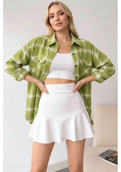 Mamayaga Kadın Desen Bloklu Oduncu Oversize Bol Ve Geniş Kalıp Casual Cepli Yakalı Ceket Gömlek Çağla