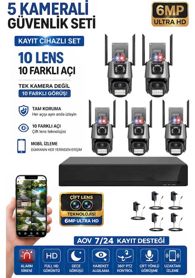 Xpro 5 Kamera 10 Lens Kablosuz Wifi Güvenlik Kamerası Seti Nvr Kayıt Cihazı Gece Görüşlü Ip Kamera