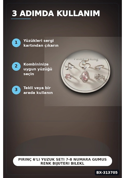 Pirinç 6'li Yuzuk Seti 7-8 Numara Gumus Renk Bijuteri Bileklik Hediyelik Paket Bx-313705 Çok Renkli