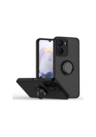 Vivo Y02s Uyumlu Kılıf Yüzüklü Standlı Extra Darbe Koruma Sert Silikon Kapak - Siyah Siyah
