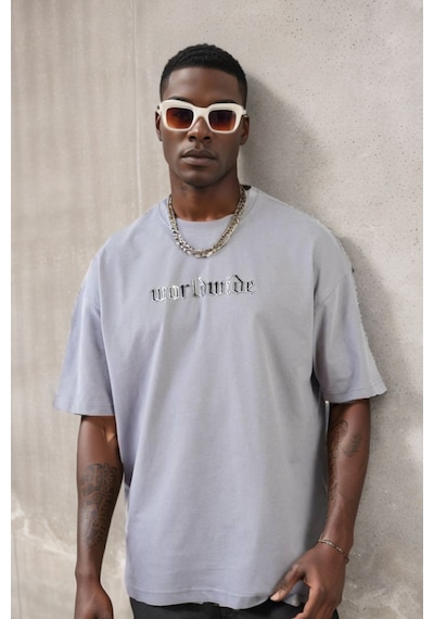 Balenbi Unisex Bisiklet Yaka Oversize Kalıp Penye Tişört 1004 Gri