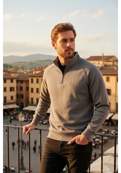 Buratti Pamuklu Relaxed Fit Yarım Fermuarlı Dik Yaka Erkek Sweat 5901232 Açık Haki