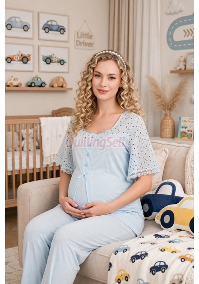 Lady Bebe Mavi Renkli Dantel Detaylı 33207 Kısa Kol 2 Parça Lohusa Hamile Pijama Takımı Açık Mavi