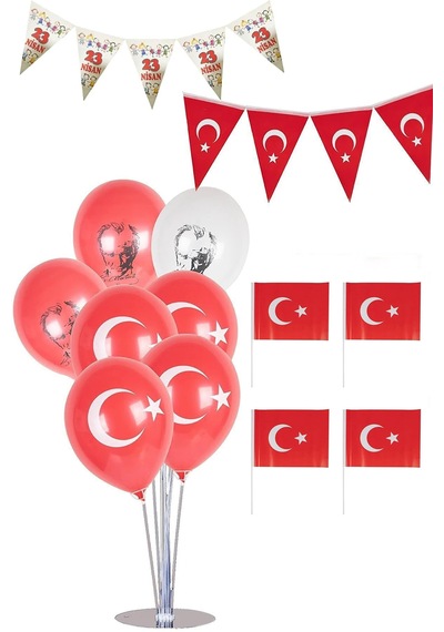 23 Nisan Balon Standlı Çubuklu Bayraklı Süsleme Seti Türk Bayrağı Flama Ev Kreş Okul Süsü Tüm Yaşlar