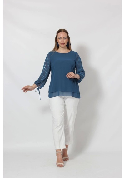 Moda Berray 3243 Kolu Taş Baskılı Şık Bluz İndigo Indigo