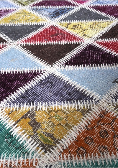 El Dokuması Vintage Patchwork Halı %100 Yün Ve Doğal Boyalı Çok Renkli