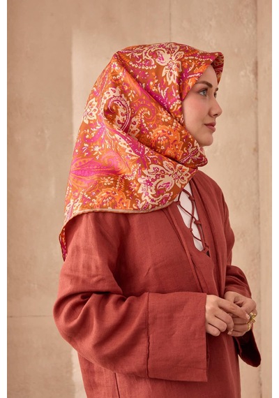 Twill İpek Eşarp 11473-23 Tarçın, Magenta, Bej, Parlak Turuncu