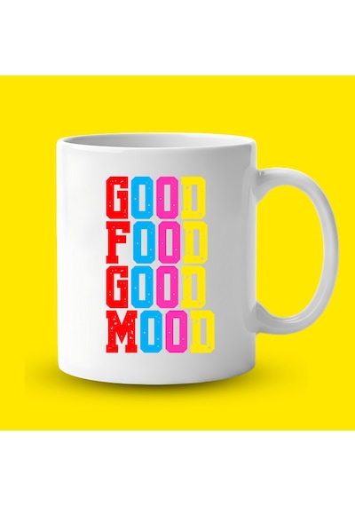 Good Food Good Mood Yazılı Kupa Model 224 Renkli Baskılı Seramik Kahve Kupası Çok Renkli