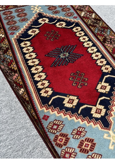 El Dokuma Yağcıbedir Halısı 85x140 Turkuazlı Kök Boya Yün Halı Turkuaz
