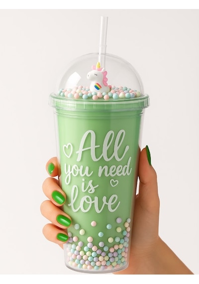 Coll Teen Temalı Çift Katman 450 Ml Suluk Pipetli Mika Yeşil 2089 Çok Renkli