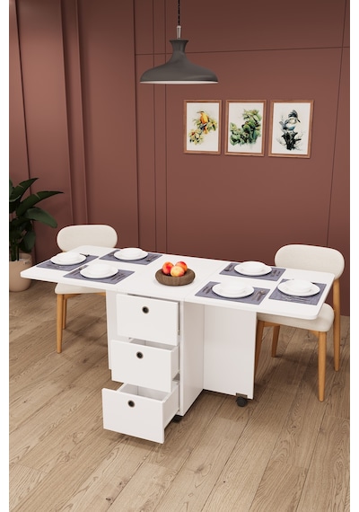Asra Trend KM-100 %100 MDF 168x70 cm Katlanır Akıllı Mutfak Masası 3 Çekmeceli Tekerlekli Servis Masası Beyaz Asra Trend KM-100 %100 MDF 168x70 cm Katlanır Akıllı Mutfak Masası 3 Çekmeceli Tekerlekli Servis Masası Beyaz