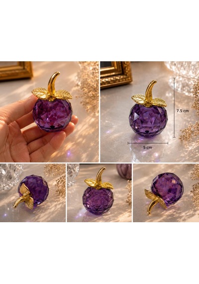 Mor Kristal Elma Biblo Mini Boy 7.5 Cm Dekoratif Cam Obje Gold Yapraklı Lüks Masa Üstü Süs