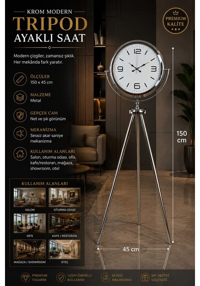 Krom Modern 150 X 45 Cm Metal Tripod Ayaklı Saat