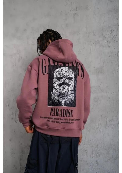 Veraura Lifestyle Erkek Paradise Baskılı Kapüşonlu Sweat - Gül Kurusu Gülkurusu