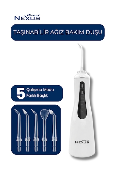 Şarjlı Taşınabilir Ağız Duşu 5 Başlıklı 5 Modlu Ipx7 350 Ml Beyaz