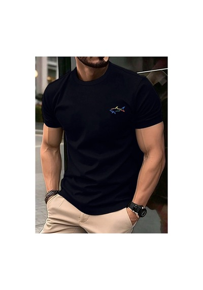 Caddemia Yaz Moda Rahat Gevşek Spor Moda Köpekbalığı Deseni Baskılı Yuvarlak Boyun Kı Siyah 2XL Caddemia Yaz Moda Rahat Gevşek Spor Moda Köpekbalığı Deseni Baskılı Yuvarlak Boyun Kı Siyah 2XL
