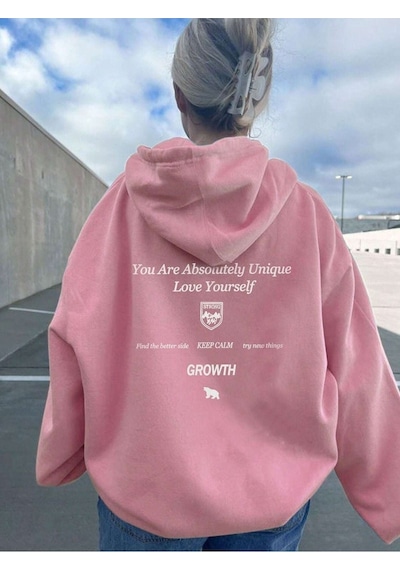 Growth Keep Calm Sweatshirt - Pembe Baskılı Oversize Kalın Kışlık Kapüşonlu Pembe