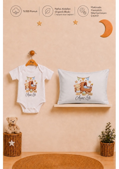Pia Baby Erkek Bebek İsme Özel Hediye Seti %100 Pamuk Body Yastık Kılıfı Ve Ham Bez Bebek Kıyafet Kesesi 2018byk2x Ekru
