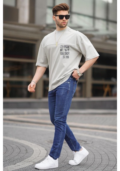 Madmext Boyalı Gri Oversize Baskılı Erkek Tişört 6193-boyalı Gri Boyalı Gri