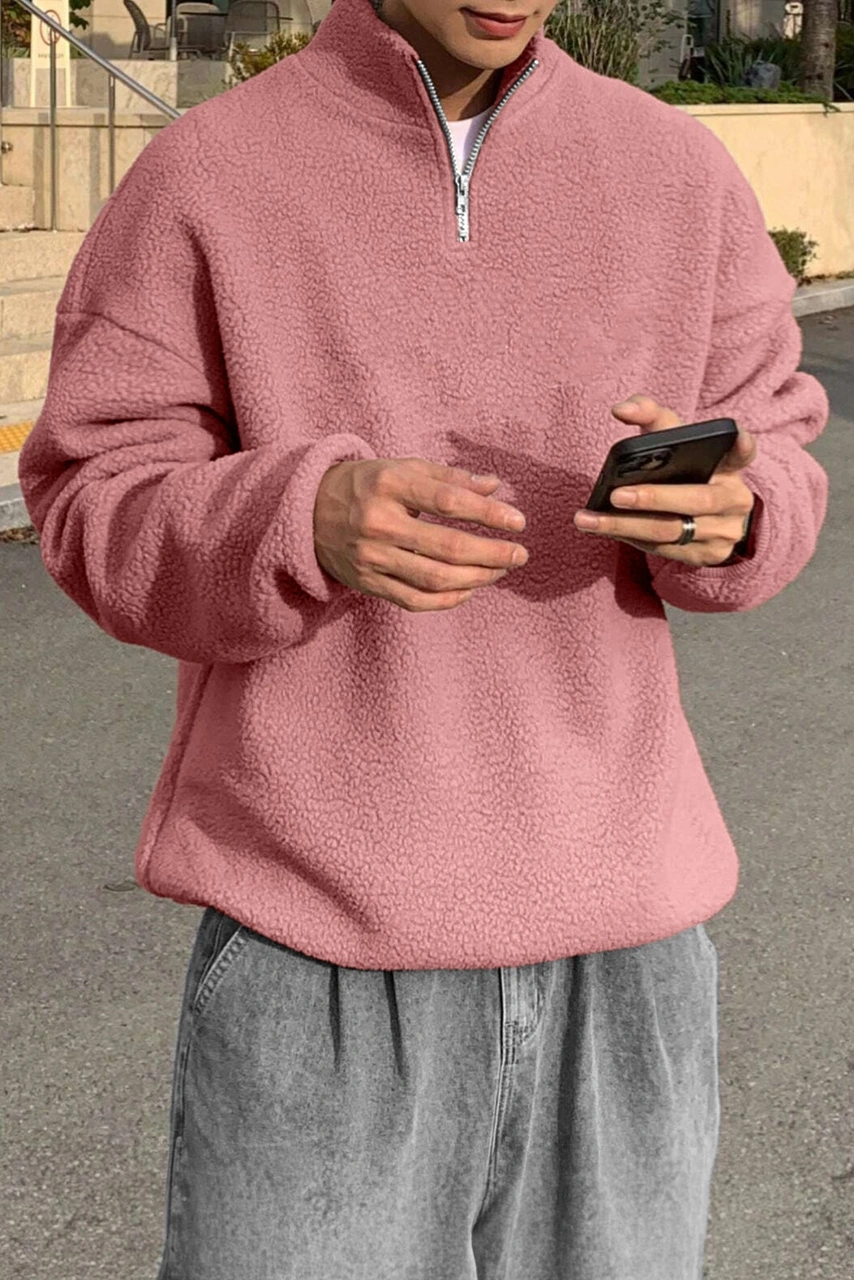 Ghassy Co. Erkek Ultra Isı Peluş Sherpa Oversize Yarım Metal Fermuar Lastik Ayarlı Polar Sweatshirt Pembe