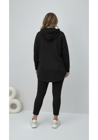 Koza Butik Kadın Büyük Beden Uzun Kollu Kapüşonlu Kanguru Cepli Sweatshirt 2016 Siyah