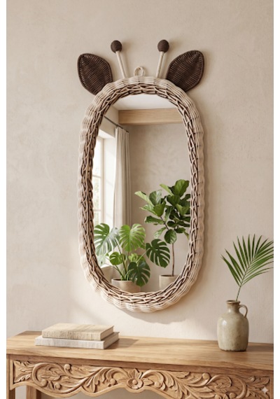 Rattan Bambu El Örmesi Kahverengi Zürafa Model Boy Aynası 30x60 Beyaz - Kahverengi