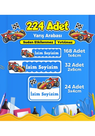 Yarış Arabası Temalı Okul Kreş Kişiye Özel İsim Etiket Seti - Model 295 Çok Renkli