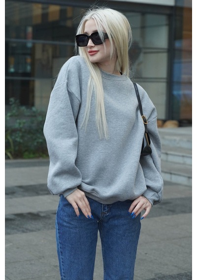 Madmext Madmext MG1559 Bisiklet Yaka Basic Kadın Sweatshirt - Gri