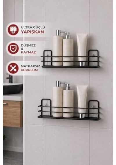 Ömür Boyu Paslanmaz Yapışkanlı Banyo Düzenleyici Şampuanlık Duş Rafı 2 Adet Siyah Tş-01 Diğer