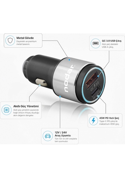 Nodar Nd1076 45w Metal Araç Şarj Cihazı Usb + Type-c Pd 3.0