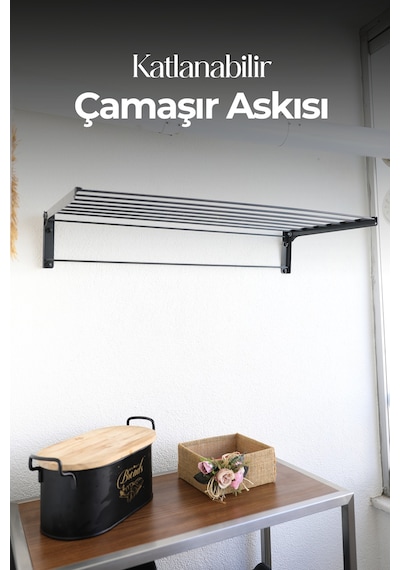 Duvara Monte Katlanabilir Çamaşır Askısı - 85x40 Cm - Gri