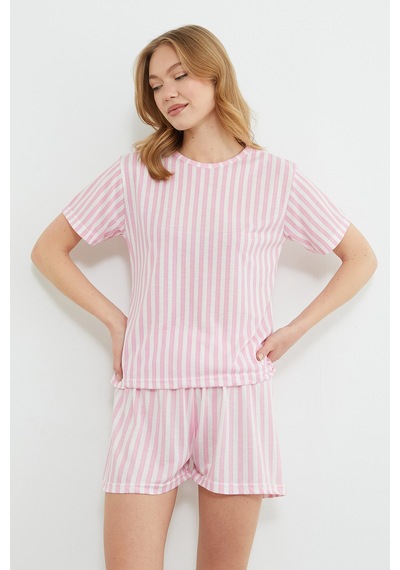 Fullamoda Çizgili Bisiklet Yaka Şortlu Pijama Takımı Pembe