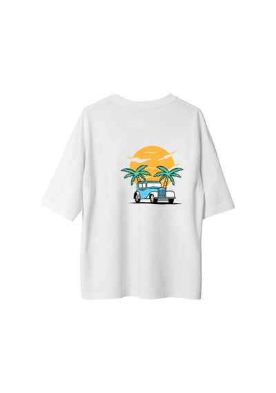 Paybuy Retro Araba Gün Batımı Baskılı Erkek Oversize Tişört Beyaz