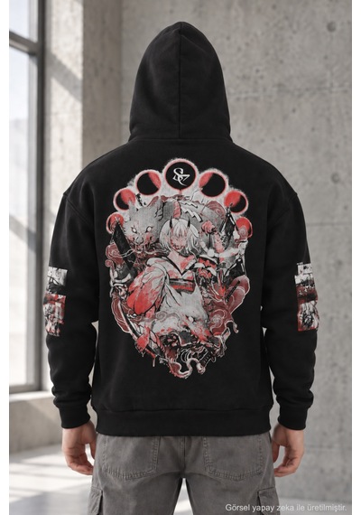 Polo State Erkek Kitsune Anime Baskılı Oversize 3 İplik Şardonlu Kapüşonlu Sweatshirt Siyah
