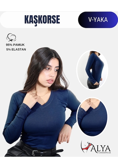 Alya Underwear Pamuklu Kaşkorse V Yaka Body Sweatshirt, Fitilli Kumaş Likralı Bluz, Asker Yeşili Badi Lacivert