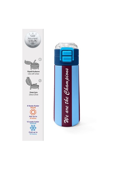 Coral High Kids Bordo Mavi Taraftar Desenli Pipetli Ve Direkt İçim Çelik Termos 500 Ml 31788