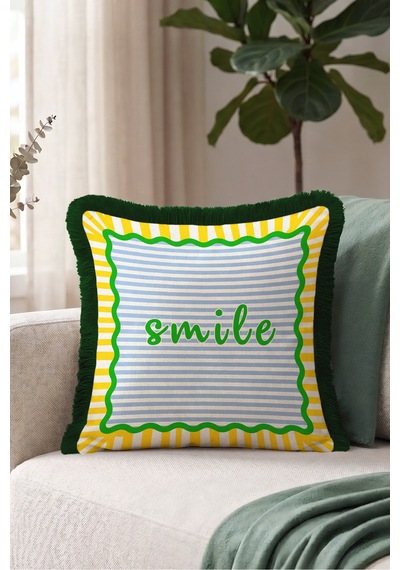 Smile Çizgili Güneş Motifli Saçaklı Yastık Kılıfı - Neşeli Yazlık Mavi Siyah Püsküllü Kırlent Kılıfı Bordo