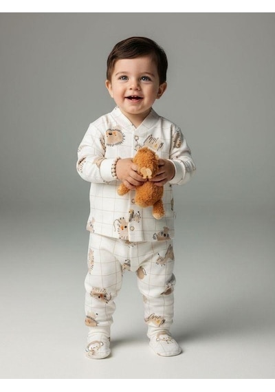 Zekids Bebek Pamuklu Eldivenli Üst Ve Patikli Altlı Pijama Takımı-16787 Bej