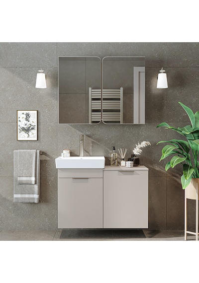 Dubai Sepetli Mdflam Banyo Dolabı, Lavabolu Banyo Alt Dolabı + Aynalı Banyo Üst Dolabı Takımı Kumtaşı Dubai Sepetli Mdflam Banyo Dolabı, Lavabolu Banyo Alt Dolabı + Aynalı Banyo Üst Dolabı Takımı Kumtaşı