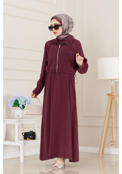 Sevitli Cep Detaylı Cepkenli Ela Elbise-bordo-5078