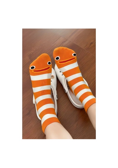 Hitit Socks Kadın 4 Çift Sevimli Yılan Balığı Desenli Ve Çizgili Uzun Soket Çorap Turuncu Çizgili