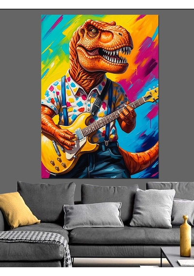 Ahşap Tablo Gitar Çalan Renkli Dinozor